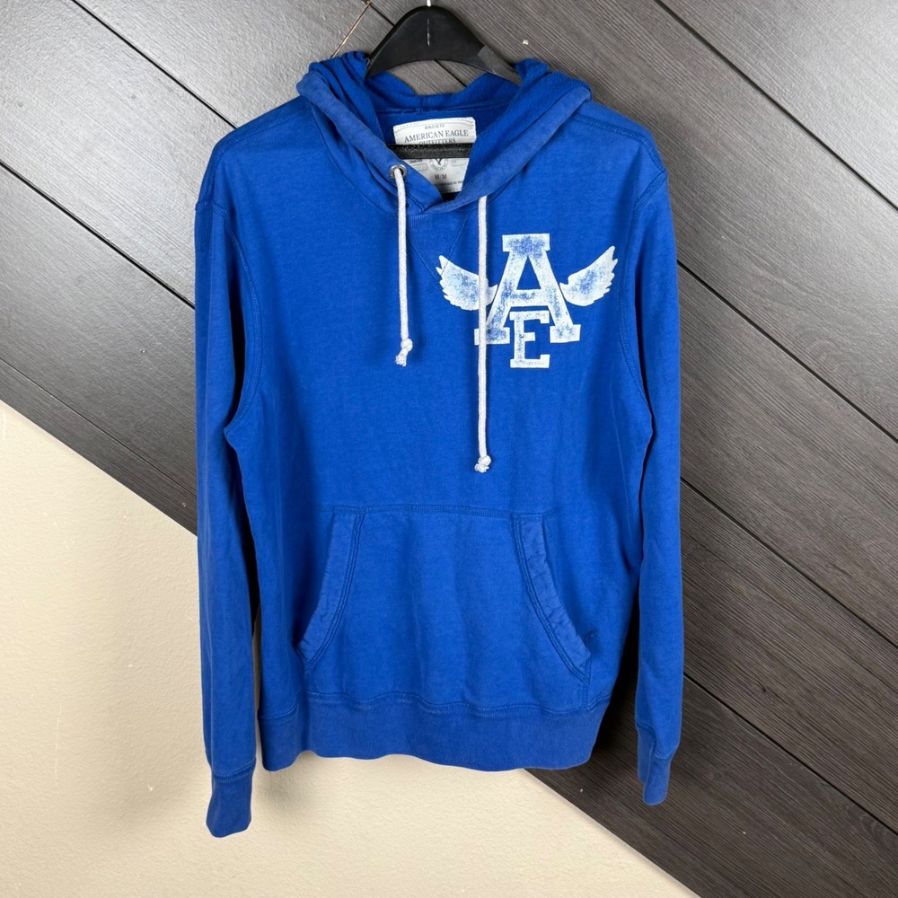 American Eagle Men Medium Athletic Fit Pullover Hoodie Blue Eagle Graphic